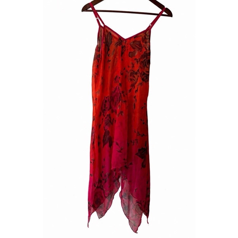 Pia Rossini Floral Chiffon Handkerchief Dress Cover UPS‎ Red Sheer Boho Size M